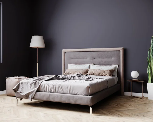 现代卧房室内造型 附有床 深紫色墙壁和木制地板 卧房室内背景 3D渲染 — 图库照片