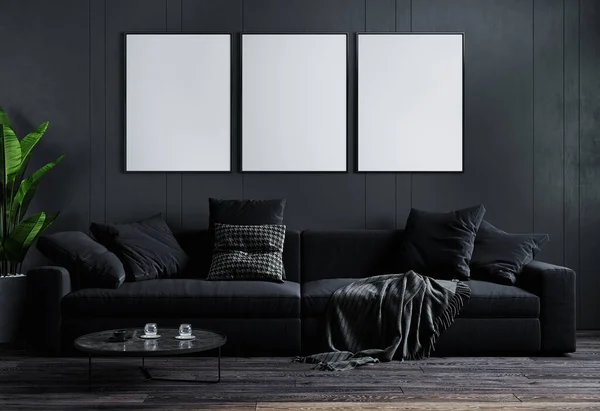 Lüks, karanlık oturma odası arka planı, oturma odası modelleme, siyah kanepesi ve bitkisi olan modern oturma odası, 3D görüntüleme.