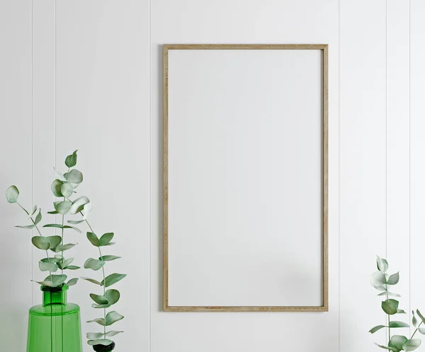 Frame Poster Mock White Living Room Plants Scandinavian Interior Rendering — Stock Photo, Image