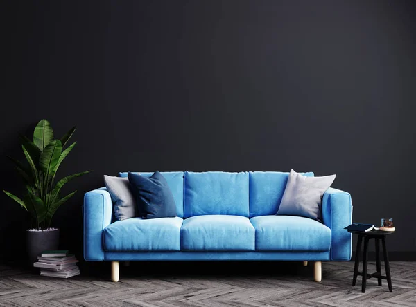 风格别致的深色客厅内饰 蓝色沙发造型 现代室内环境 空旷的黑色墙壁造型 3D插图 — 图库照片
