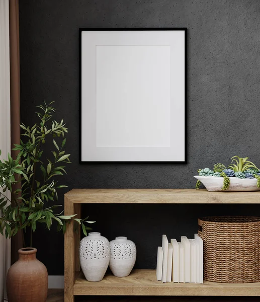 Mokup poster çerçeve modern siyah iç plan dekorasyon ve bitki, Hygge tarzı, 3D çizim, 3D illüstrasyon