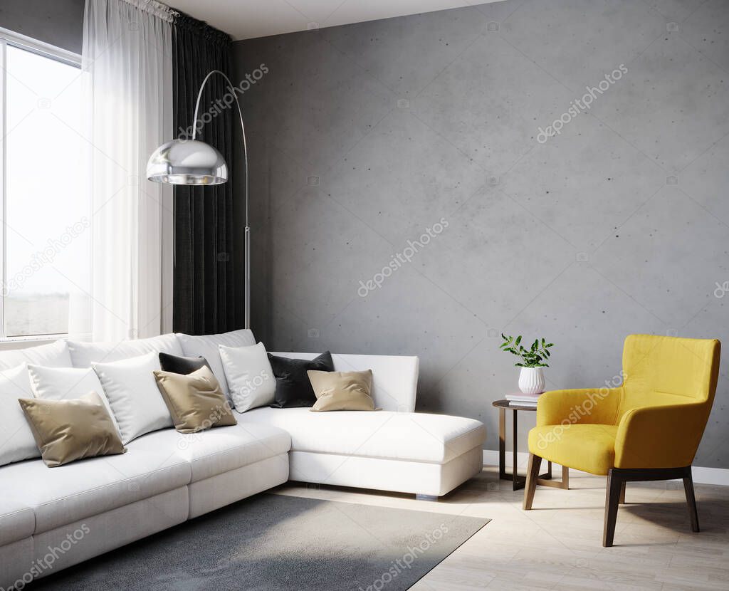 Interior design of modern scandinavian apartment with white sofa and yellow armchair, living room 3d rendering