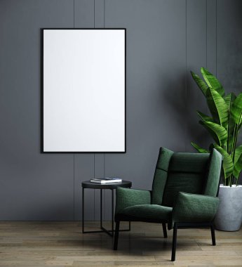 Yeşil koltuk ve bitki örtüsüyle modern karanlık iç mekanda dikey çerçeve modeli. İskandinav tarzı, 3D görüntüleme