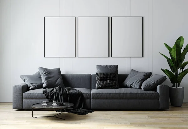 Leere Plakatrahmen Attrappe Skandinavischen Wohnzimmerstil Moderner Wohnzimmerhintergrund Graues Sofa Und — Stockfoto