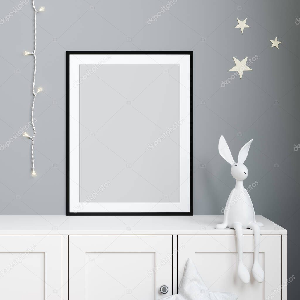 Mock up poster in child room interior, poster on empty light gray wall background.3d render