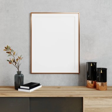 Konforlu aydınlık minimalist oturma odasındaki çerçeve İskandinav iç planı, 3D görüntüleme