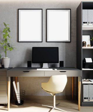 Modern iç plan, kabine, İskandinav tarzı, 3D çizim, 3D illüstrasyon