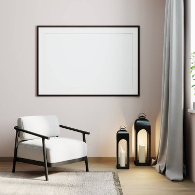 Model poster çerçevesi minimalist modern iç plan, 3D canlandırma