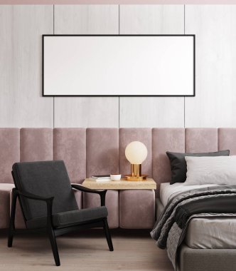 Yatak odasının iç planında model çerçeve, İskandinav tarzı, 3D görüntüleme