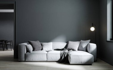 İskandinav karanlık oturma odası arka plan, duvar maketi, 3D canlandırma