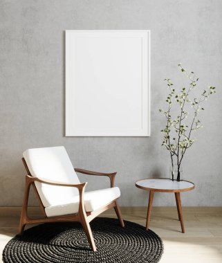 . Poster çerçevesi modern oturma odasının iç planında beyaz koltuk ve gri duvar, minimalist İskandinav tarzı, 3D illüstrasyon