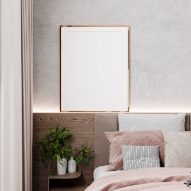 Bej yatak odasının iç kısmında model çerçeve, ahşap yatakta altın çerçeve, İskandinav tarzı, 3 boyutlu.