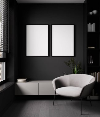 poster çerçeveleri, modern oturma odasının iç dekorasyonu gibi. Koyu kahverengi tonlarda, İskandinav tarzı, 3D resimli.