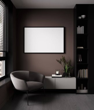 Boş yatay çerçeve, modern odanın iç planında, koyu duvar ve konsolun yanındaki şık koltuk, zarif, lüks, 3D görüntüleme ile taklit edilir.