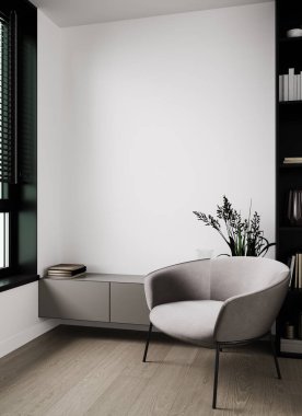 oturma odası arka planı gri koltuk ve mobilya, İskandinav tarzı, boş duvar modeli, 3D görüntüleme