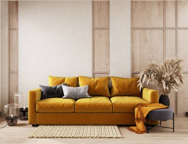 Duvar basit bir iç mekan, Scandi-Boho tarzı, 3D canlandırma