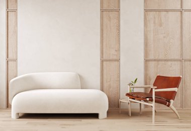 İskandinav oturma odasının iç mimarisi, doğal ahşap mobilyalar ve parlak bej arka planda moda ev aksesuarları, 3D
