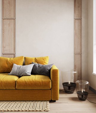 Parlak sarı kanepe ve dekor ile modern iç mekan. 3d resimleme modellemesi