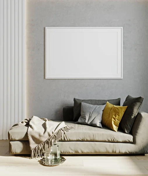 Mockup Poster Horizontal Com Moldura Branca Sala Estar Interior Com — Fotografia de Stock