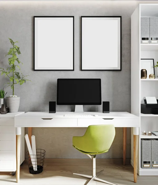 Iki poster çerçeve parlak iç plan, dolap, İskandinav tarzı, 3D çizim, 3D illüstrasyon