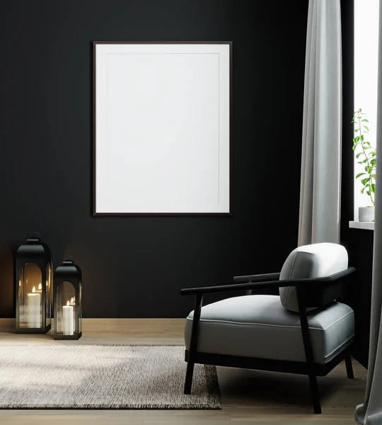 Empty Poster Frame Black Wall Luxury Interior Background Dark Tones — Stock Photo, Image