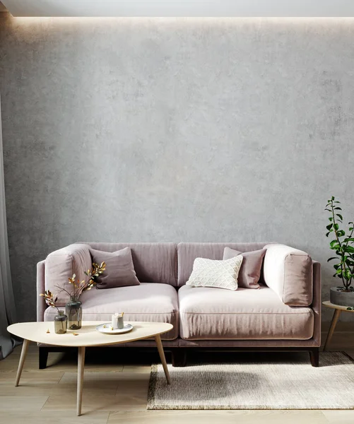 Boho style living room interior mock up, living room interior background, pink sofa and coffee table, 3d rendering