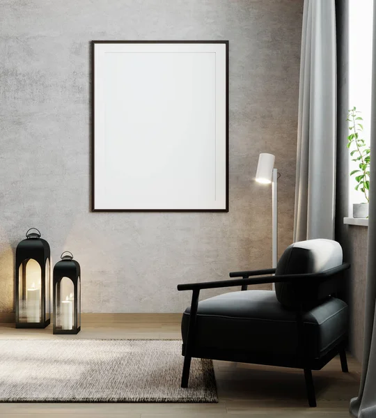 Modern iç plan, oturma odası, İskandinav tarzı, 3D çizim, 3D resim