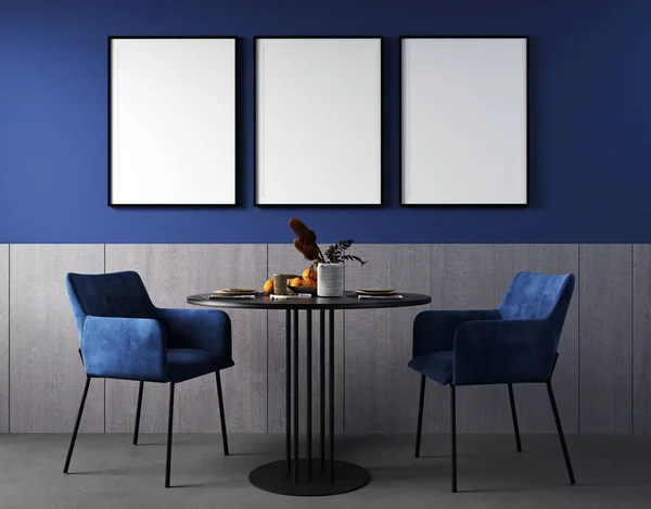 Moldura Cartaz Mockup Sala Estar Interior Com Cadeira Azul Mesa — Fotografia de Stock