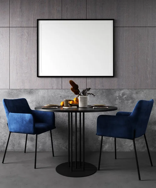 Mock Quadro Aconchegante Moderno Sala Jantar Interior Com Cadeira Azul — Fotografia de Stock