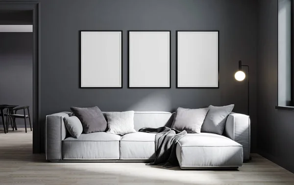 Mock Poster Frame Modern Interior Background Living Room Minimalistic Style — Stock Photo, Image