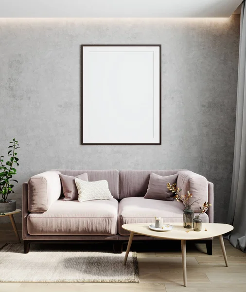 Modern interior living room, empty wall mockup in light room with pastel pink sofa, wooden table and plant, 3d render