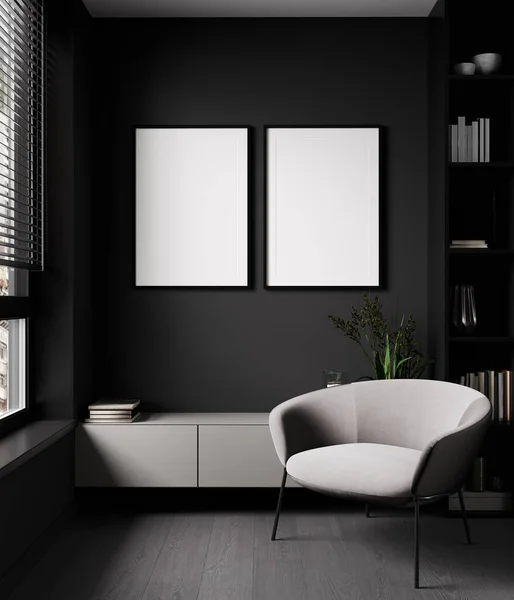 poster frames mock up in Cozy modern living room interior mock up in dark brown tones, scandinavian style, 3d illustration
