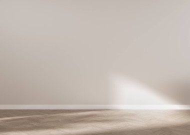 Model için boş oda. Işık duvarı ve ahşap 3D döşemesi olan boş bornoz..