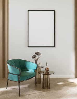 Sunum için boş posteri olan modaya uygun bir iç tasarım. Dekorasyonlu oturma odası. 3d oluşturma