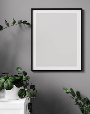 Siyah serbest çerçeve, gri duvarda yeşil bitki, 3 boyutlu çizim, 3 boyutlu resimleme