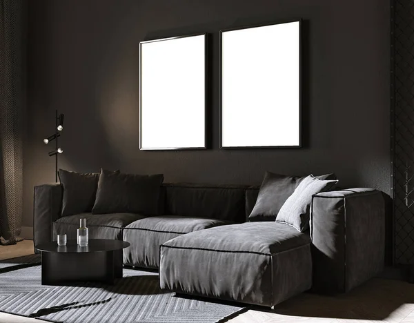 Blanc Noir Deux Cadres Maquettes Dans Loft Moderne Salon Intérieur — Photo
