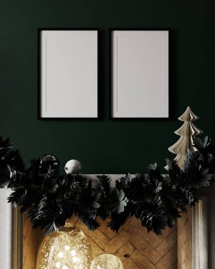 Noel süslemesi ve şöminesi olan rahat iç planda iki poster çerçevesi oluşturun.
