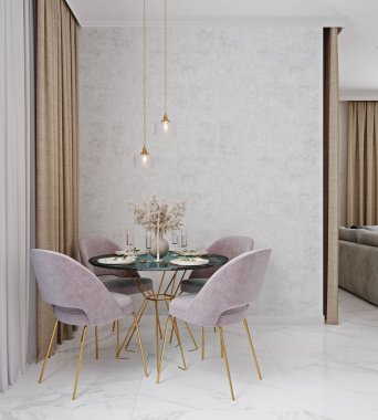Ev modeli, rahat modern oturma odası arka planı pembe sandalyeli, 3 boyutlu.