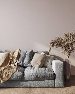 Konforlu ev yapımı, pastel renkli, gri kanepeli ve otlu, 3D renkte.