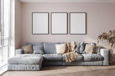 Poster çerçeveleri ev içi arka planda, oturma odası bej ve gri renklerde, 3D renkte.