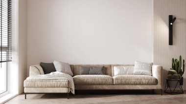 Parlak, modern oturma odası bej kanepe, duvar lambası ve ahşap kaplamalı yeşil bitki. İskandinav tarzı, rahat bir iç mekan. Parlak, şık bir oda modeli. 3d hazırlayıcı