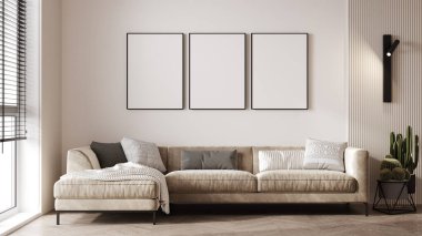 Boş tuval modern oturma odasında bej kanepe, ahşap döşeme, duvar paneli ve kaktüs, 3D işlemeli.