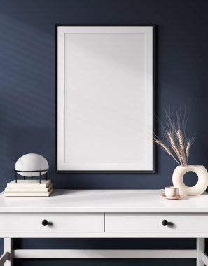 Masanın üzerinde dikey siyah çerçeve vazoda buğday ve boş mavi duvar arka planında lamba olan iç poster modeli. 3B görüntüleme