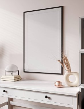 Modern iç plandaki boş duvarı, beyaz ofis mobilyalarını, 3 boyutlu çizimleri, 3 boyutlu illüstrasyonları,