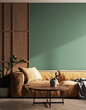 Modern ev dekorasyonu, kahverengi kanepe, masa ve dekorasyon ile oturma odasında 3D.