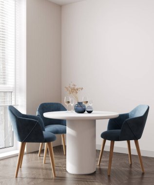 Modern yemek odasının iç tasarımı, mavi mobilyalar ve beyaz masa, İskandinav tarzı, 3D görüntüleme