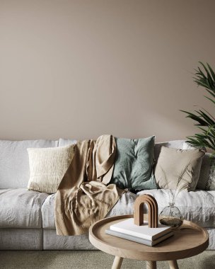 Oturma odasında modern beyaz kanepe, masa ve dekorla iç mekan modellemesi, 3 boyutlu.