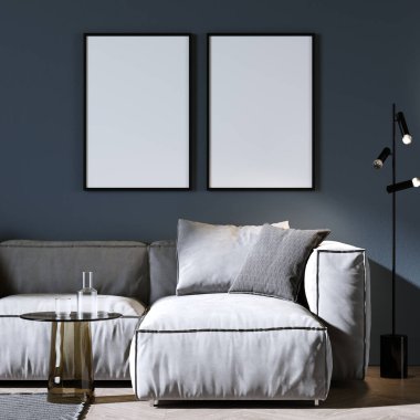 Ev içinde çerçeve modeli, modern mavi oturma odası, 3D tasarım.