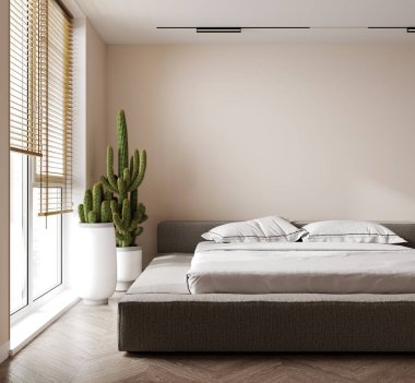  Şık iç modelleme, beyaz rahat yatak, bitki ve dekor yatak odasında, 3 boyutlu.