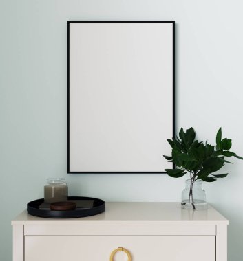 Poster çerçevesini iç fonda çiçekler olan klozete yapıştır, 3d render
